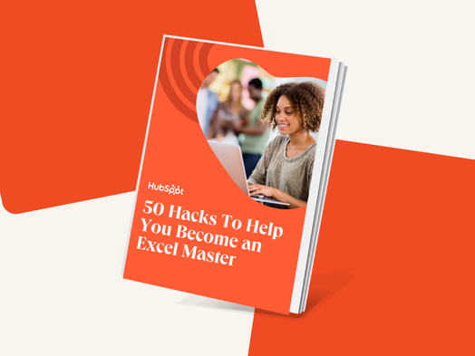 HubSpot ebook cover: 50 Excel hacks to master spreadsheets. Woman smiles while working on laptop.