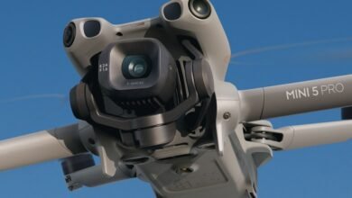 Close-up of DJI Mini 5 Pro drone camera, showcasing its 1-inch sensor and gimbal.