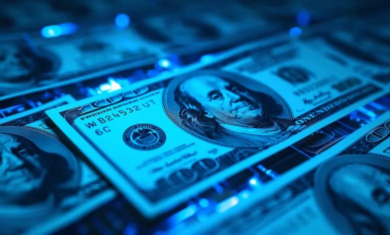 Close-up of US $100 bills illuminated in blue light, showcasing Benjamin Franklin's portrait.