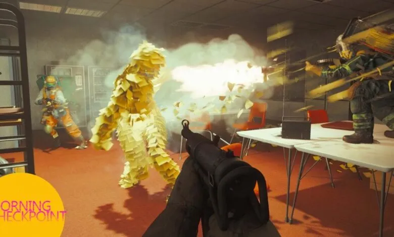 First-person view of a chaotic office shootout with a sticky note monster.