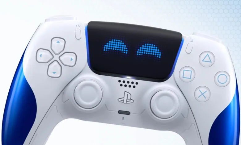 Close-up of a white and blue PlayStation 5 DualSense controller with illuminated buttons.