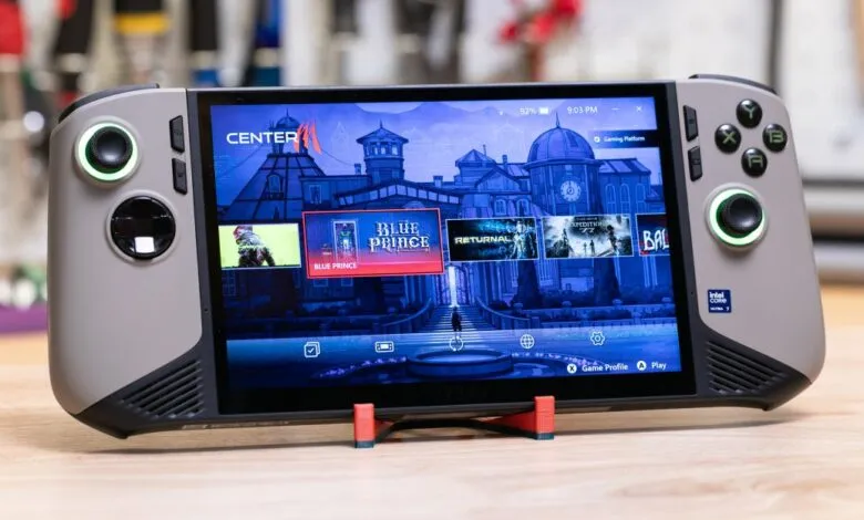 MSI Claw handheld gaming PC displaying game library with 'Blue Prince' highlighted.