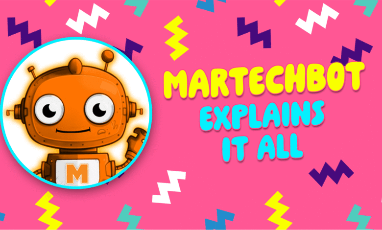 Friendly orange robot, Martechbot, explains everything on a pink background with 90s style patterns.