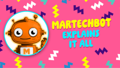 Friendly orange robot, Martechbot, explains everything on a pink background with 90s style patterns.