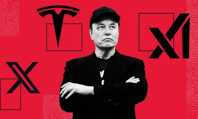 Elon Musk wearing a black cap and jacket with arms crossed, against a red background with Tesla and X logos.