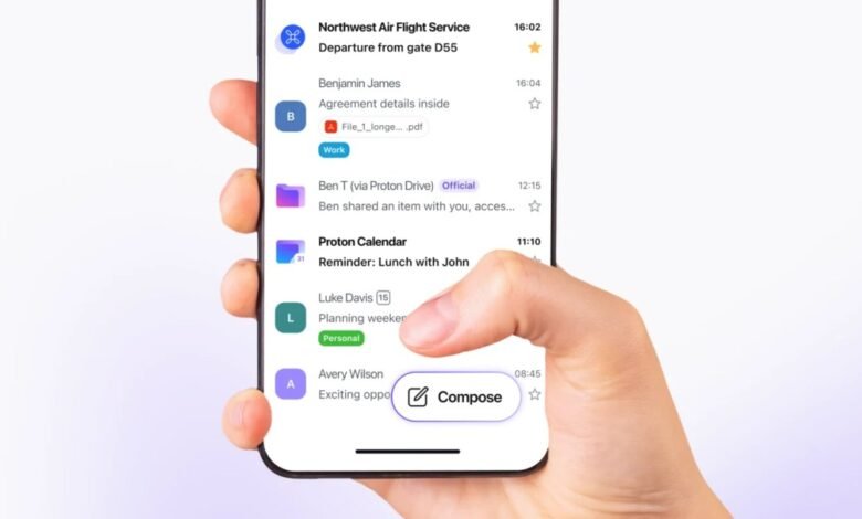 Close-up of a hand holding a smartphone displaying ProtonMail and calendar notifications, including flight details and shared files.