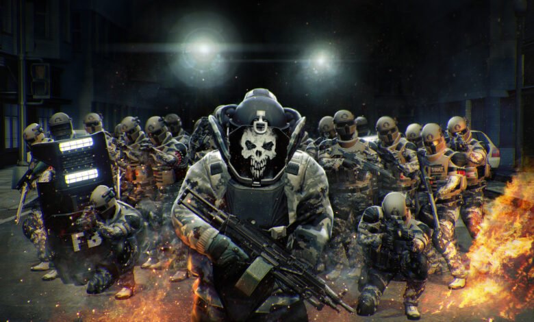 A heavily armored soldier with a skull mask leads a squad of tactical police officers.