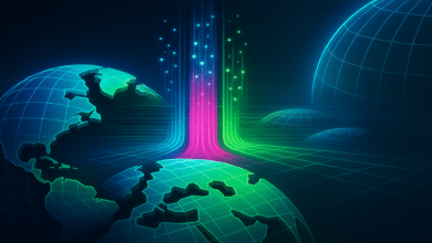 Abstract digital globe graphic with vibrant neon green, pink, and blue data streams connecting continents.
