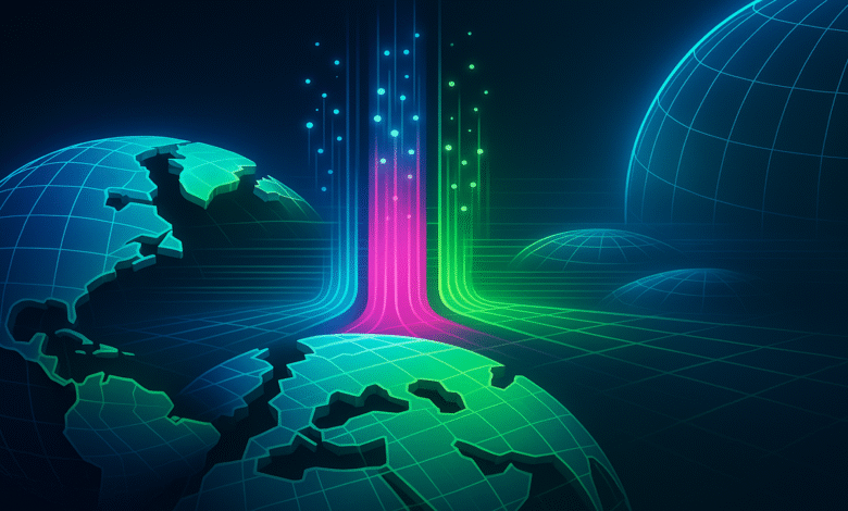 Abstract digital globe graphic with vibrant neon green, pink, and blue data streams connecting continents.
