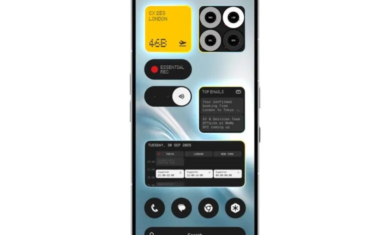 Smartphone screen displaying a futuristic UI with travel and productivity widgets.