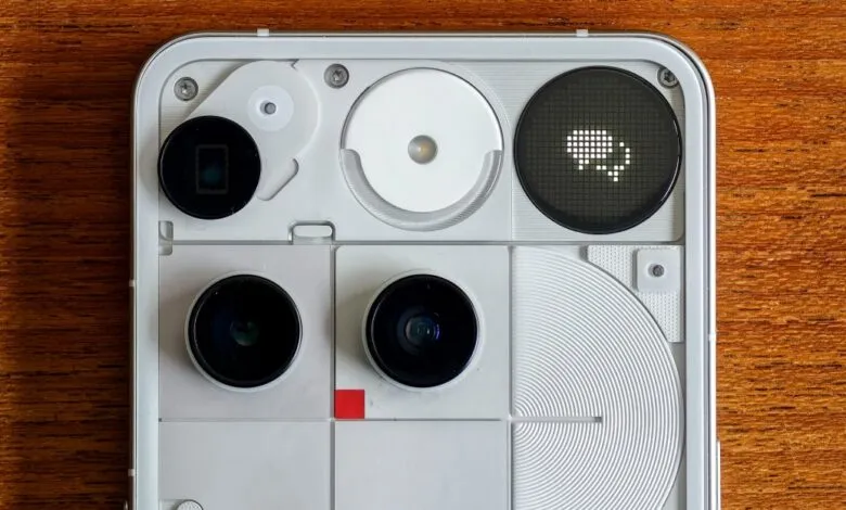 Close-up of Nothing Phone (3) rear camera array showing multiple lenses, Glyph interface, and flash.