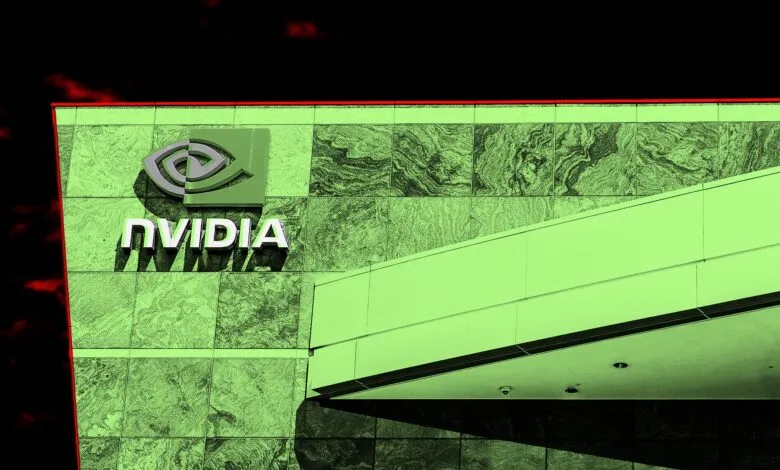 Nvidia logo on a green building exterior. The logo is prominently displayed on a tiled wall.