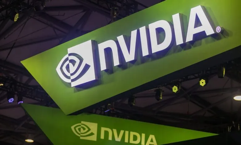 NVIDIA logo displayed prominently at a tech event, showcasing the company's branding.