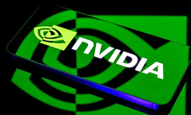 NVIDIA logo displayed on a smartphone screen with a green reflective background.