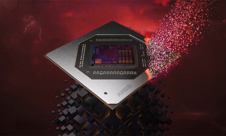 Close-up of an AMD processor chip, showcasing intricate circuitry and a metallic casing against a dark red background with energy sparks.