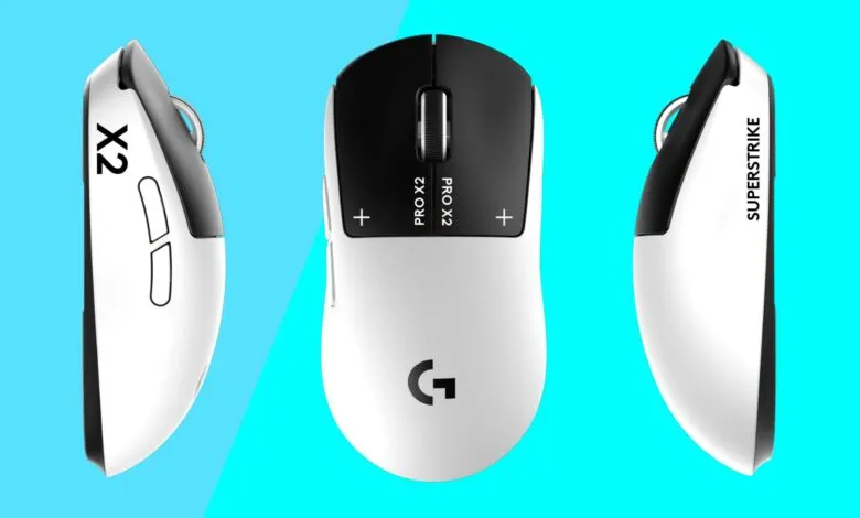 White and black Logitech G Pro X2 Superlight gaming mouse shown from multiple angles against a cyan background.