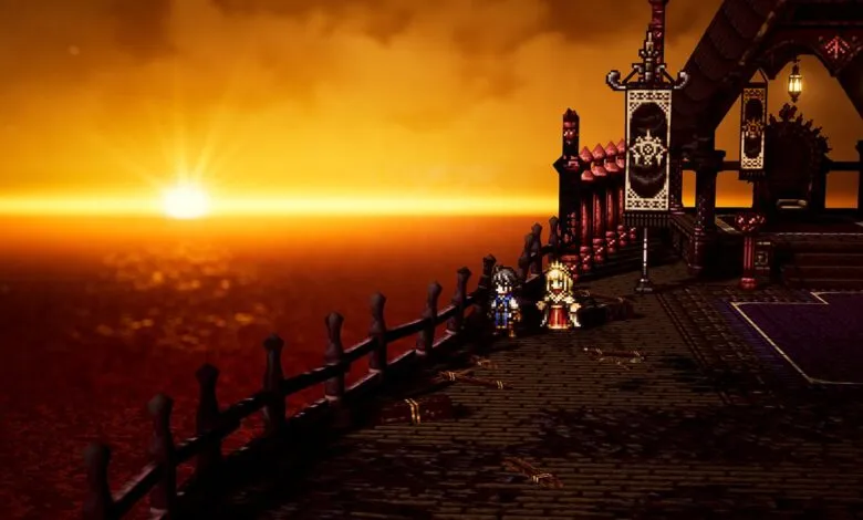Two characters stand on a platform overlooking a fiery sunset in Octopath Traveler.