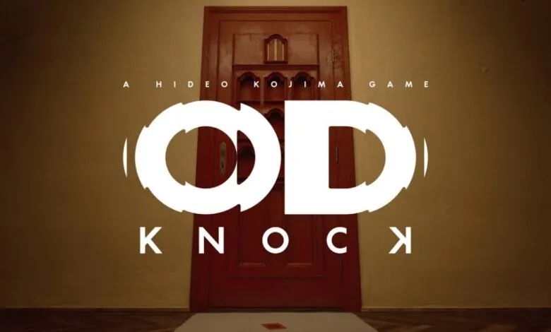 A Hideo Kojima game's key art featuring a red door and the title 'OD KNOCK'.