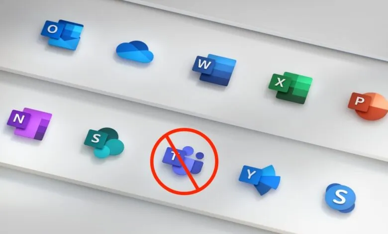 Microsoft 365 app icons, except Teams, which is crossed out.