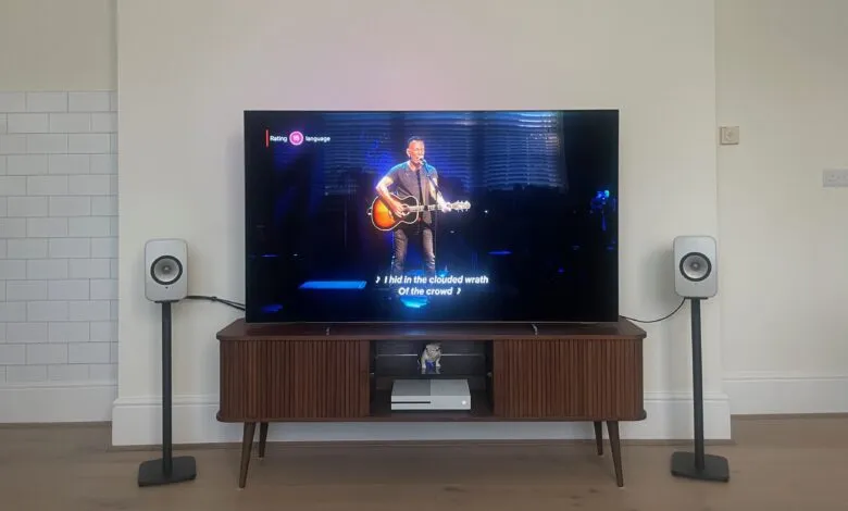 Bruce Springsteen concert playing on TV with floorstanding speakers.