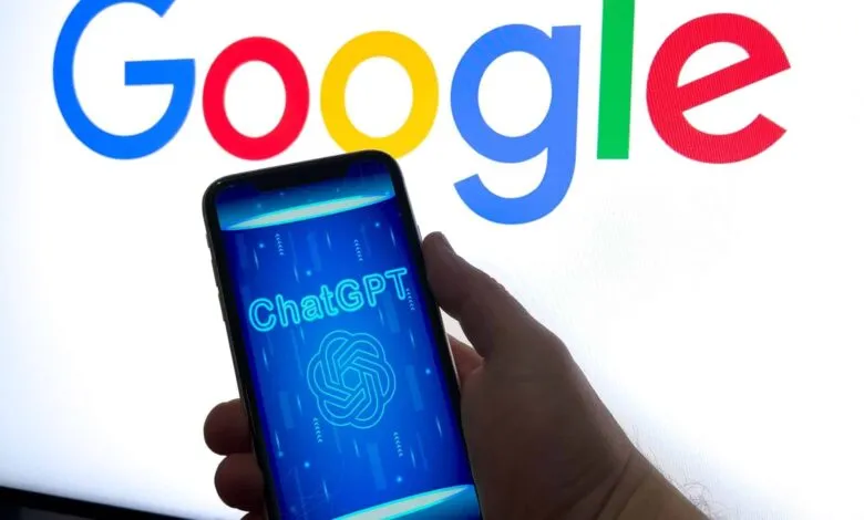 Smartphone displaying ChatGPT app against a Google logo backdrop.