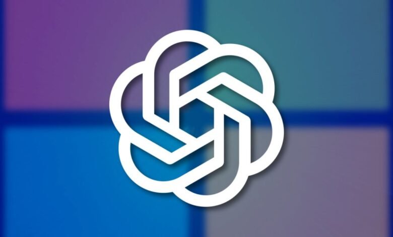 White abstract logo design on a blurred blue and purple background.