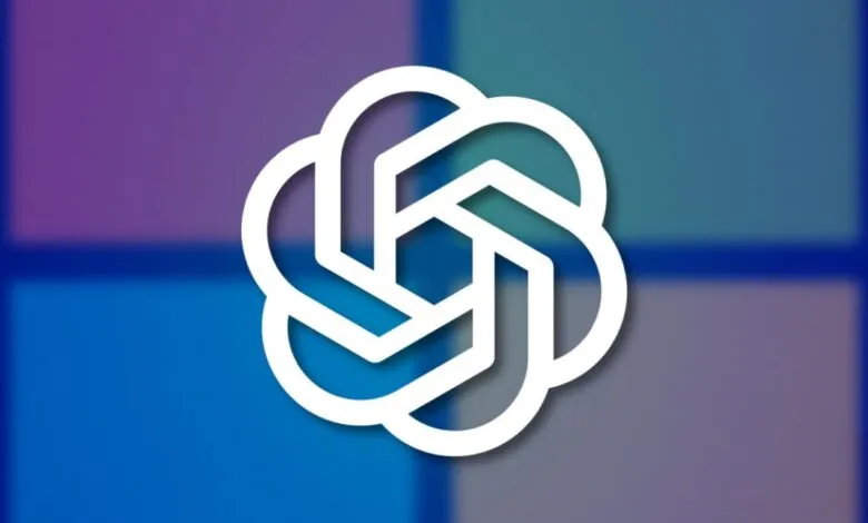 White abstract logo design on a blurred blue and purple background.