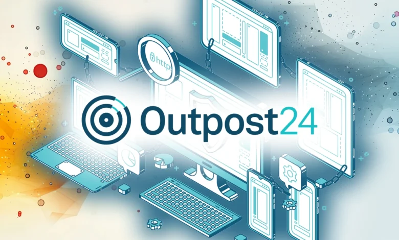 Outpost24 logo with connected devices, symbolizing cybersecurity and network protection.