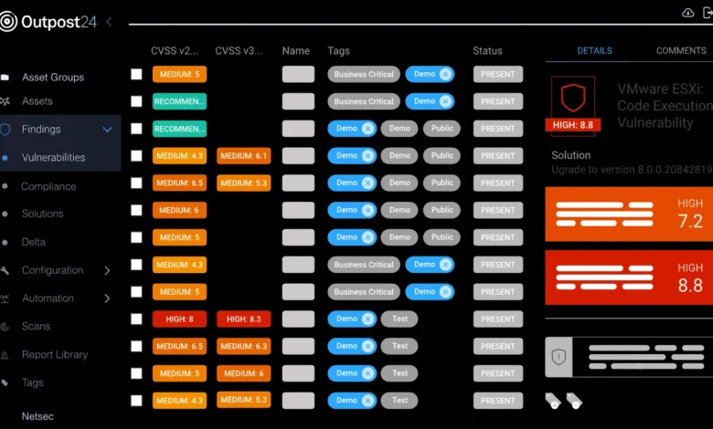 Outpost24 dashboard shows a VMware ESXi code execution vulnerability with a high severity score of 8.8.