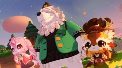 Three animated animal characters, a bear, rabbit, and fox, in a vibrant fantasy landscape.