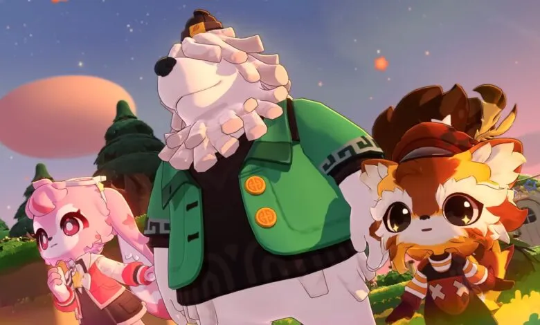Three animated animal characters, a bear, rabbit, and fox, in a vibrant fantasy landscape.