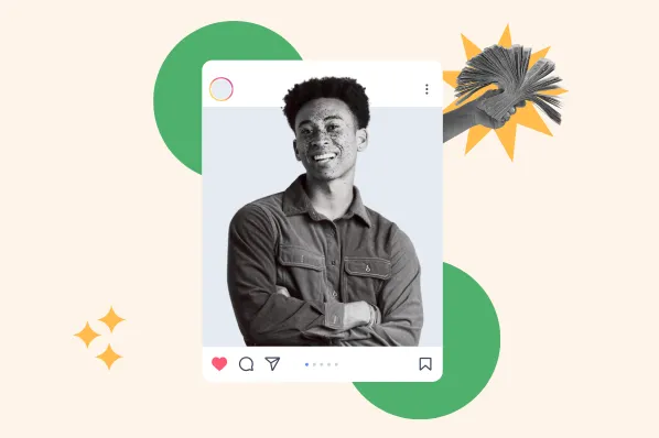 Black and white Instagram post featuring a smiling man, overlaid with cash and green circles. Suggests sponsored content or influencer marketing.