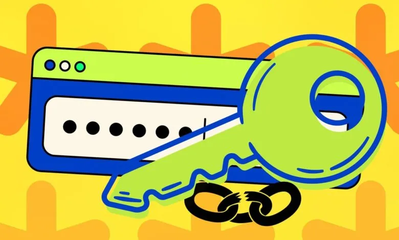Illustration of a broken chain next to a key and a password field, symbolizing compromised online security.