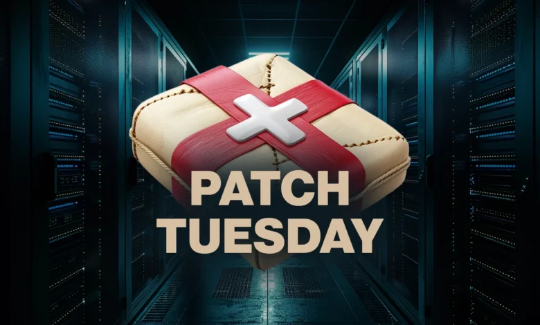 A stylized package with a plus sign floats in a server room, symbolizing Patch Tuesday updates.