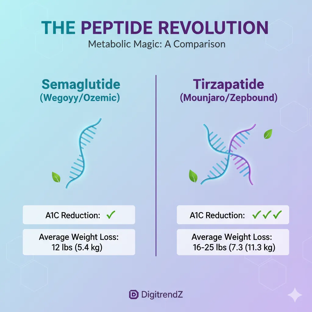 Comparison of Semaglutide and Tirzapatide peptides, showing A1C reduction and weight loss results.