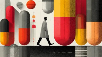 Abstract illustration of a doctor walking amidst oversized pills, symbolizing the pharmaceutical industry.