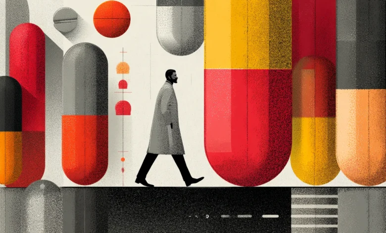 Abstract illustration of a doctor walking amidst oversized pills, symbolizing the pharmaceutical industry.