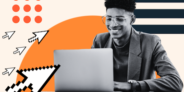 Smiling man using laptop, surrounded by digital cursor icons and abstract shapes.