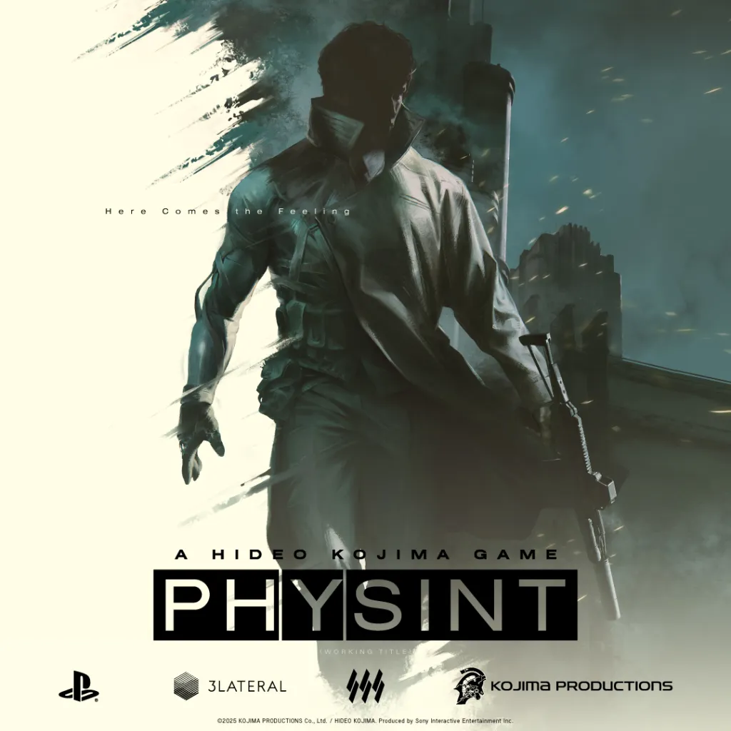 Poster for the upcoming Hideo Kojima game, Physint, featuring a shadowy figure in a coat and a futuristic city backdrop.