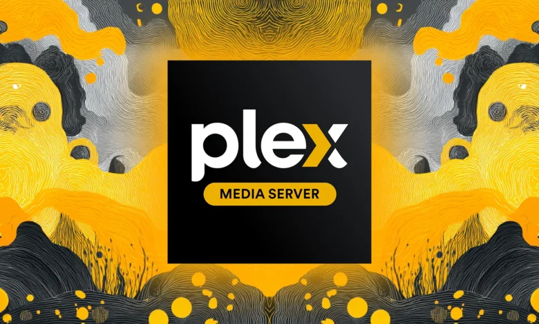 Plex Media Server logo on abstract yellow and black background.