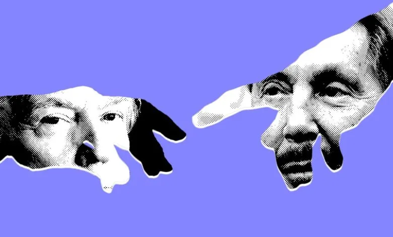 Black and white halftone portraits of Larry Ellison and Donald Trump, their hands reaching towards each other against a purple background.