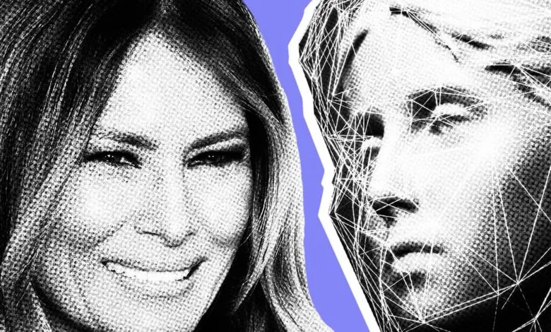 Split image: Melania Trump portrait juxtaposed with an AI-generated geometric face.