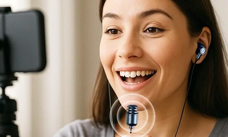 Woman using a lavalier microphone for smartphone vlogging.