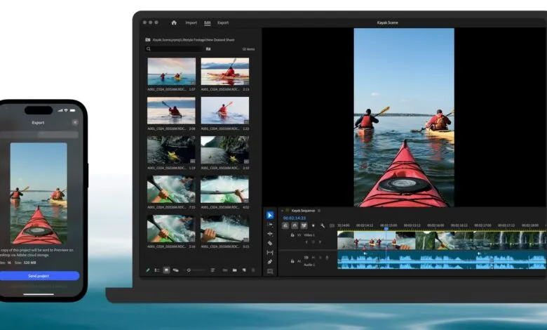 Kayaking video editing on laptop and phone; Premiere Pro interface shows footage of kayakers on a lake.