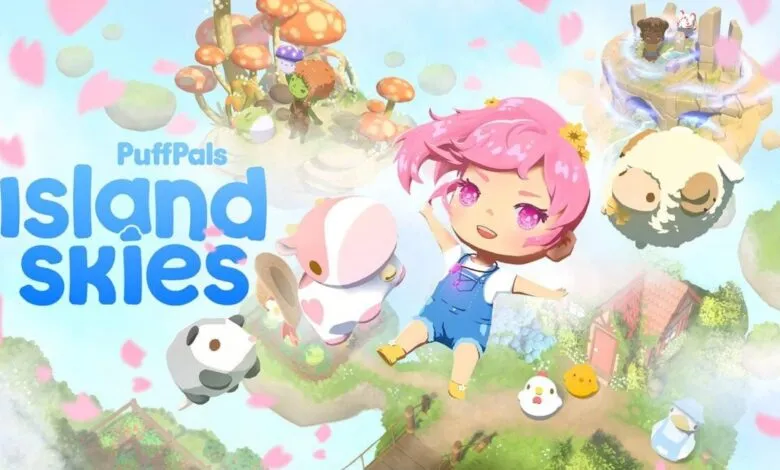 Chibi characters and cute animals float among islands in the sky, with cherry blossoms falling.