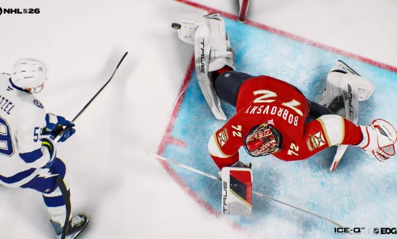 NHL 26 video game: Goalie Bobrovsky in red Florida Panthers uniform makes a save.