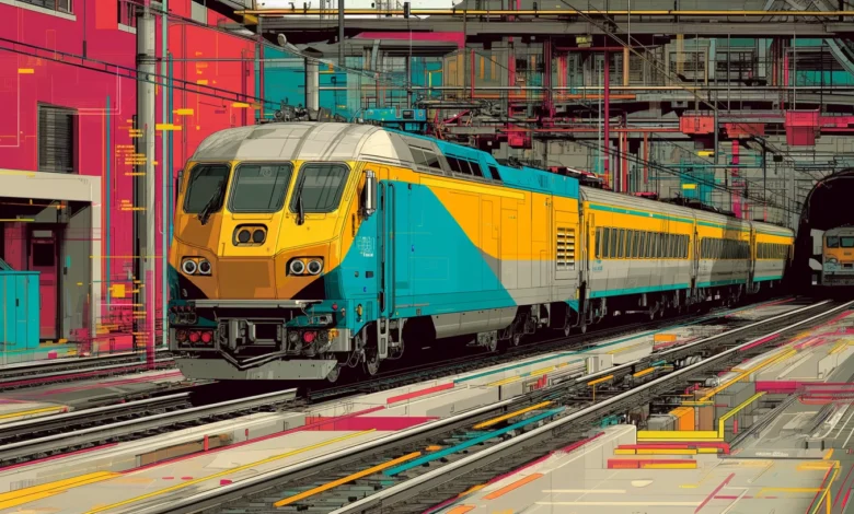Stylized illustration of a train entering a tunnel, vibrant colors, digital art.