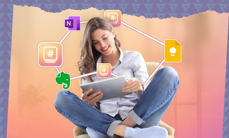 Young woman using a tablet with various note-taking app icons connected by lines.