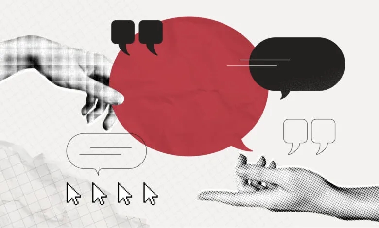 Abstract illustration of hands interacting with speech bubbles and cursors.