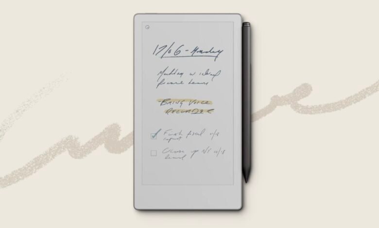 Digital notepad with handwritten notes and stylus, showcasing a minimalist design.
